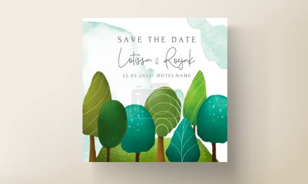 Illustration for Beautiful hand drawn greenery scenery and tree invitation card template - Royalty Free Image