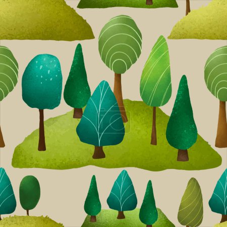 Ilustración de Hermoso paisaje verde dibujado a mano y patrón de árbol - Imagen libre de derechos