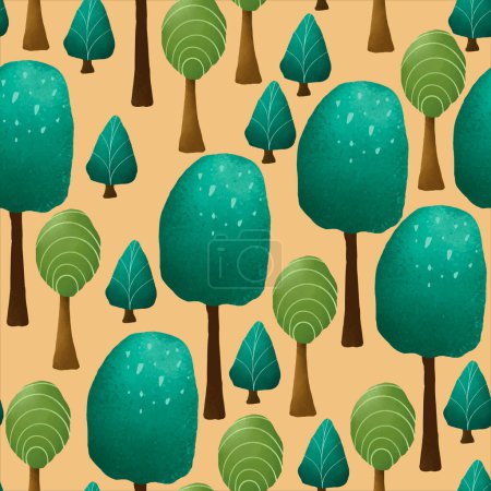 Ilustración de Hermoso paisaje verde dibujado a mano y patrón de árbol - Imagen libre de derechos