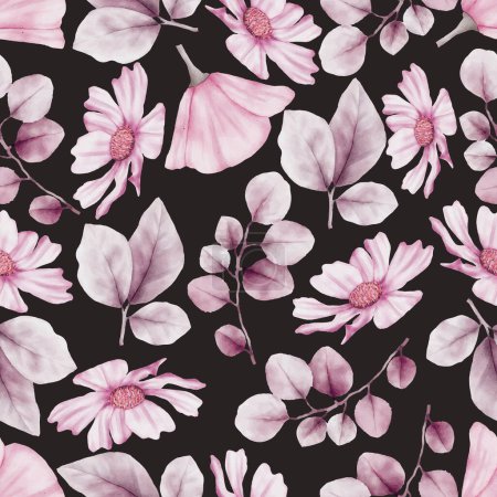 Illustration for Beautiful watercolor purple flower and greenery leaves seamless pattern - Royalty Free Image
