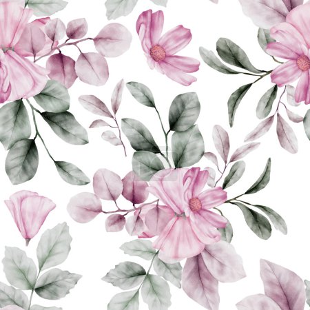 Ilustración de Hermosa acuarela púrpura flor y vegetación hojas patrón sin costuras - Imagen libre de derechos