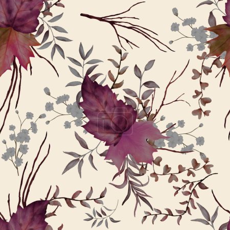 Illustration for Beautiful watercolor dried leaves floral seamless pattern - Royalty Free Image