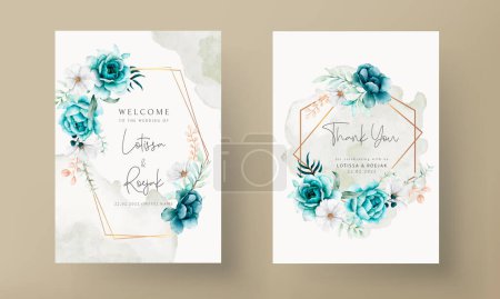 Illustration for Elegant watercolor invitation card with tosca flower and leaves - Royalty Free Image