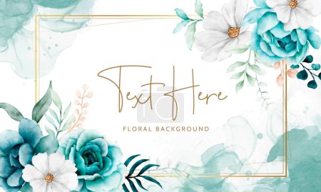 Illustration for Elegant watercolor floral background card with tosca flower and leaves - Royalty Free Image