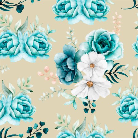 Illustration for Elegant watercolor tosca floral seamless pattern - Royalty Free Image