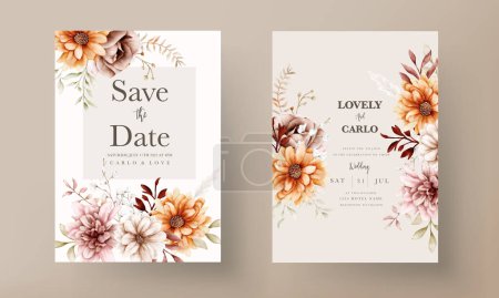 Photo for Watercolor autumn flower and leaves wedding invitation template - Royalty Free Image