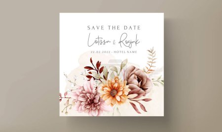 Illustration for Watercolor autumn flower and leaves wedding invitation template - Royalty Free Image