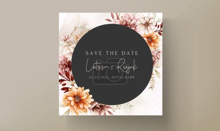 Illustration for Watercolor autumn flower and leaves wedding invitation template - Royalty Free Image