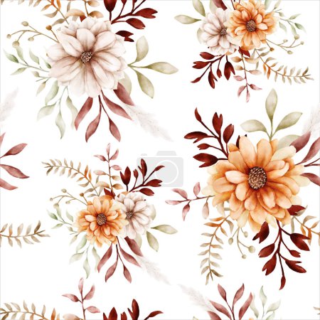 Illustration for Watercolor autumn flower and leaves seamless pattern - Royalty Free Image