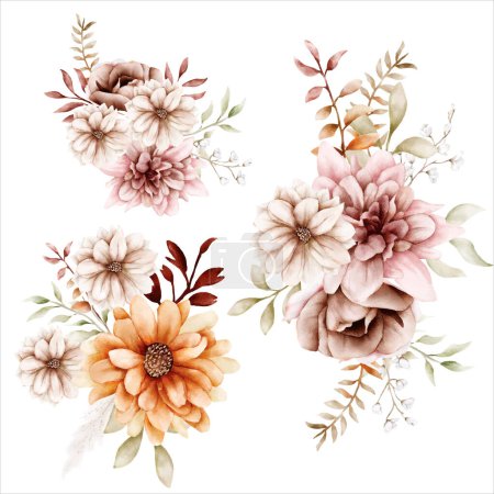 Illustration for Watercolor autumn flower and leaves bouquet collection - Royalty Free Image