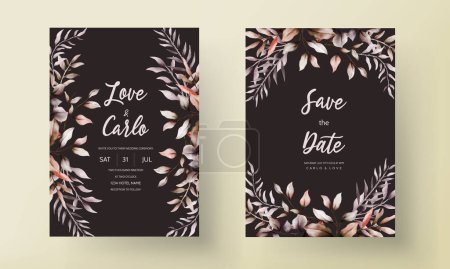 Téléchargez les illustrations : Aquarelle invitation de mariage avec de belles feuilles brunes - en licence libre de droit