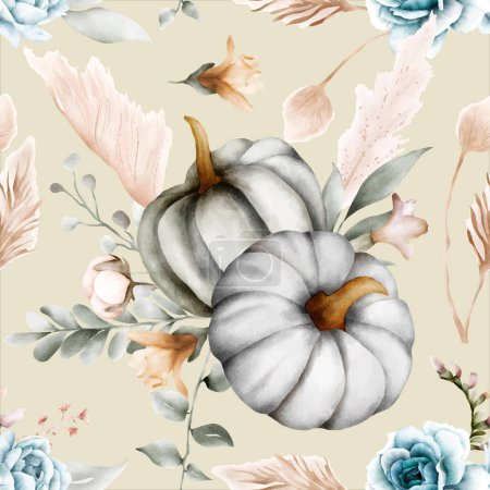 Illustration for Beautiful flower and pumpkin watercolor seamless pattern - Royalty Free Image