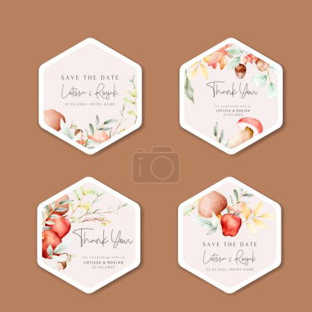 Ilustración de Etiqueta floral con acuarela de manzana y setas - Imagen libre de derechos