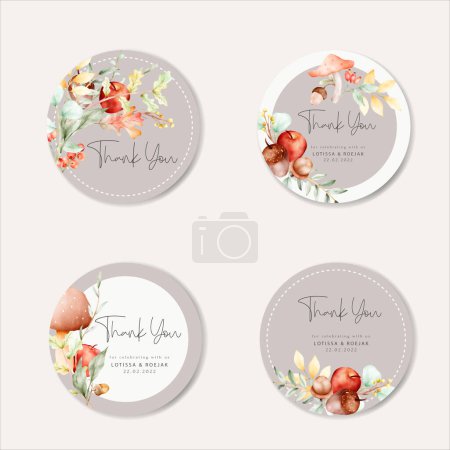 Ilustración de Etiqueta floral con acuarela de manzana y setas - Imagen libre de derechos