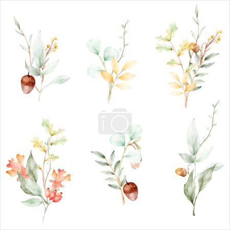 Ilustración de Hermoso ramo de flores de otoño, manzana y setas acuarela - Imagen libre de derechos