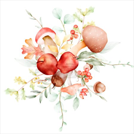 Ilustración de Hermoso ramo de flores de otoño, manzana y setas acuarela - Imagen libre de derechos