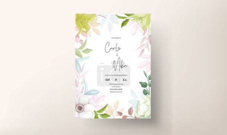 Téléchargez les illustrations : Belle fleur et feuilles couronne carte d'invitation de mariage - en licence libre de droit
