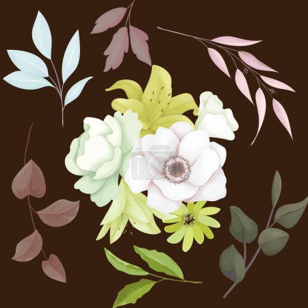 Téléchargez les illustrations : Beau bouquet fleur d'anémone et feuilles - en licence libre de droit