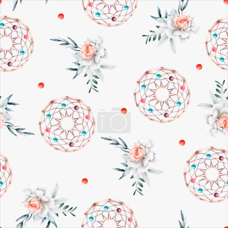 Illustration for Beautiful flower and dreamcatcher seamless pattern - Royalty Free Image