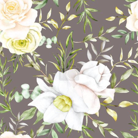 Ilustración de Hermosas rosas en flor y hojas patrón sin costuras - Imagen libre de derechos