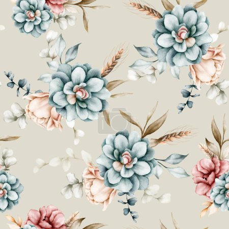 Illustration for Beautiful floral seamless pattern with vintage watercolor flower and leaves - Royalty Free Image