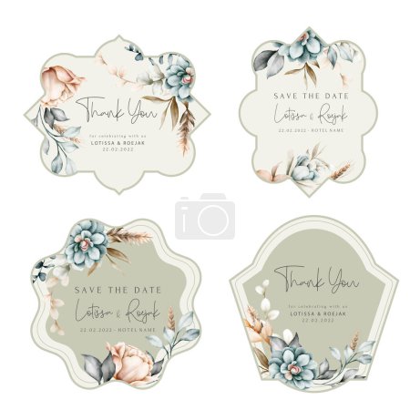 Illustration for Beautiful floral collection label with vintage watercolor flower and leaves - Royalty Free Image