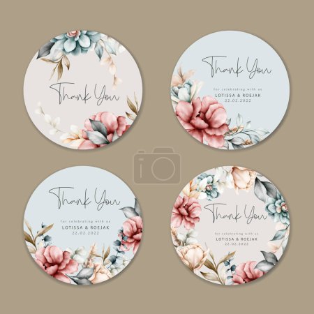 Illustration for Beautiful floral collection label with vintage watercolor flower and leaves - Royalty Free Image