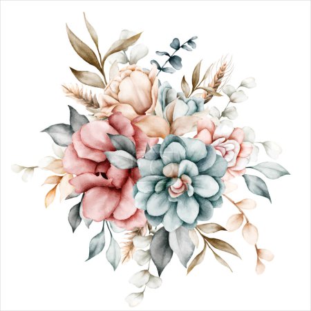 Illustration for Beautiful floral bouquet with vintage watercolor flower and leaves - Royalty Free Image