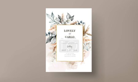 Téléchargez les illustrations : Élégant brun feuilles aquarelle modèle de carte de mariage - en licence libre de droit