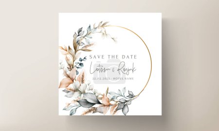 Ilustración de Elegante tarjeta de invitación de boda con hojas bohemia acuarela - Imagen libre de derechos