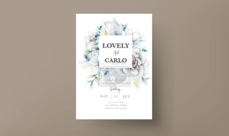 Illustration for Elegant wedding invitation card with beautiful grey and blue floral arrangement - Royalty Free Image
