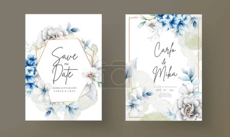 Téléchargez les illustrations : Élégante carte d'invitation de mariage avec belle disposition florale grise et bleue - en licence libre de droit