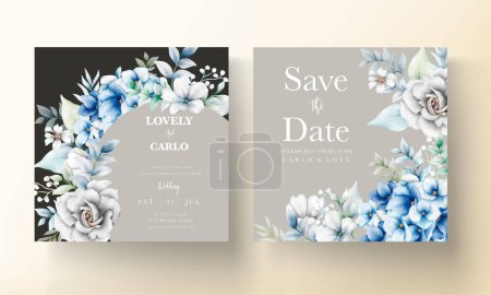 Téléchargez les illustrations : Élégante carte d'invitation de mariage avec belle disposition florale grise et bleue - en licence libre de droit