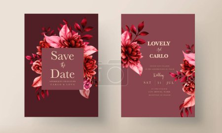Illustration for Elegant red maroon floral wedding invitation card template - Royalty Free Image
