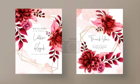 Illustration for Beautiful maroon flower and leaves wedding invitation template - Royalty Free Image