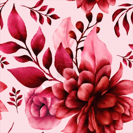 Illustration for Floral seamless pattern with beautiful maroon flower and leaves - Royalty Free Image