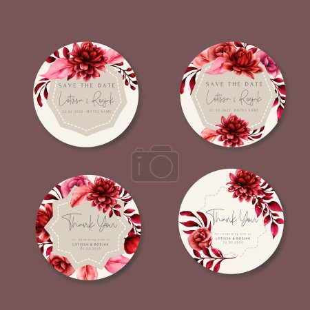 Illustration for Floral label collection with beautiful maroon flower and leaves - Royalty Free Image