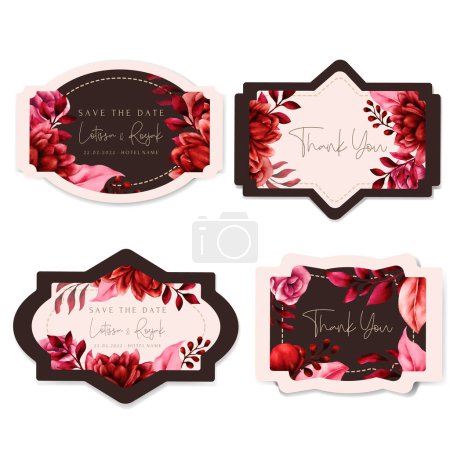 Illustration for Floral label collection with beautiful maroon flower and leaves - Royalty Free Image