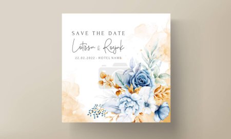 Ilustración de Hermosa invitación de boda con adorno floral azul y oro - Imagen libre de derechos