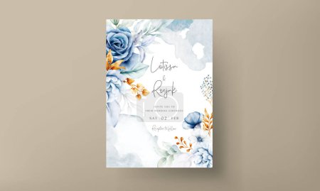 Téléchargez les illustrations : Modèle d'invitation avec aquarelle élégante roses bleues blanches - en licence libre de droit