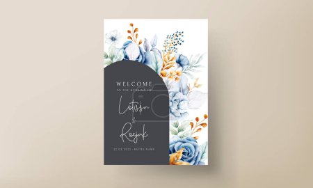 Ilustración de Plantilla de invitación con elegantes rosas azules blancas acuarela - Imagen libre de derechos
