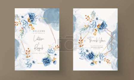 Illustration for Invitation template with elegant watercolor white blue roses - Royalty Free Image
