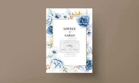 Ilustración de Plantilla de invitación con elegantes rosas azules blancas acuarela - Imagen libre de derechos