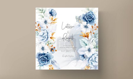 Illustration for Wedding invitation card with beautiful white blue and gold floral - Royalty Free Image