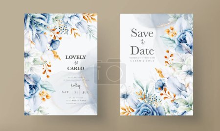 Illustration for Wedding invitation card with beautiful white blue and gold floral - Royalty Free Image