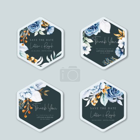 Ilustración de Hermosa colección de etiquetas florales azul blanco y oro - Imagen libre de derechos