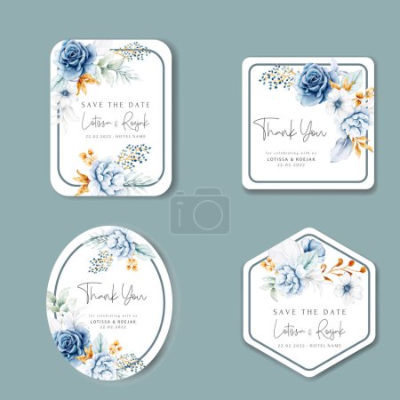 Téléchargez les illustrations : Belle collection d'étiquettes florales bleu blanc et or - en licence libre de droit