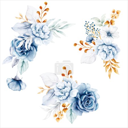 Ilustración de Hermoso ramo floral azul blanco y oro - Imagen libre de derechos