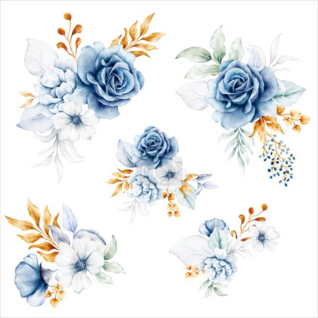 Ilustración de Hermoso ramo floral azul blanco y oro - Imagen libre de derechos