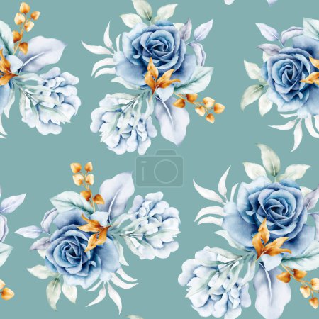 Illustration for Beautiful white blue and gold floral seamless pattern - Royalty Free Image